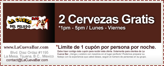Coupon - 2 Cervezas Gratis - *1pm - 5pm / Lunes - Viernes
